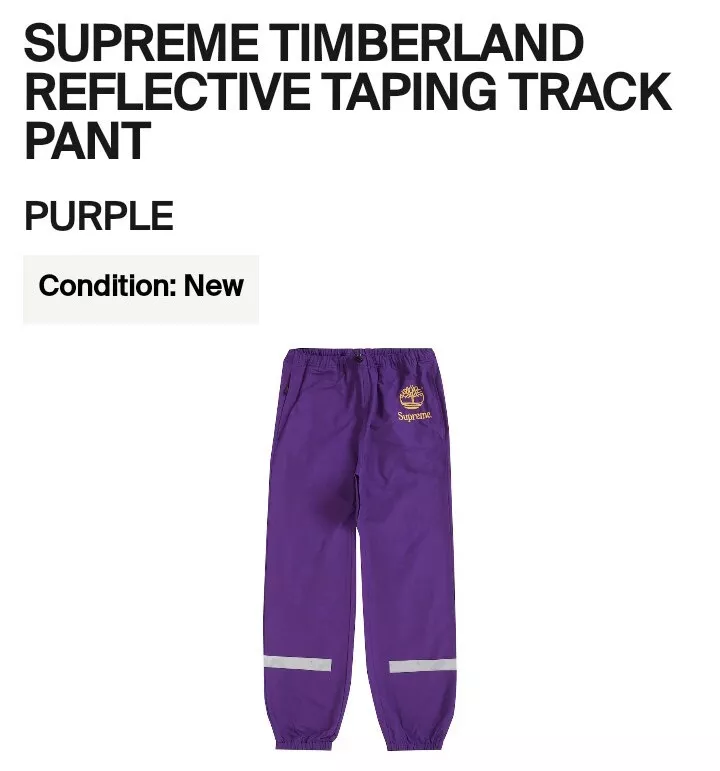 Taille L   Pantalon de piste à ruban réfléchissant Supreme x Timberland (violet) (SS21)