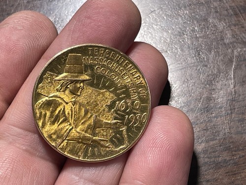 1930 USA MASSACHUSETTS BAY COLONY Pilgrim Fish ANTIQUE Vintage Medal Metal COIN - Picture 4 of 4