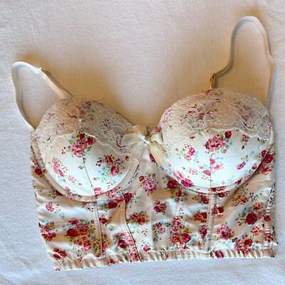 Guess Corset Bra Satin Bustier Floral Adjustable Straps Lace
