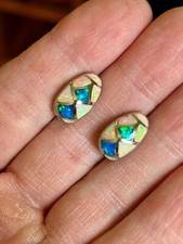Synthetic Lab Opal Earrings set in Silver crescent moon shape New Estate