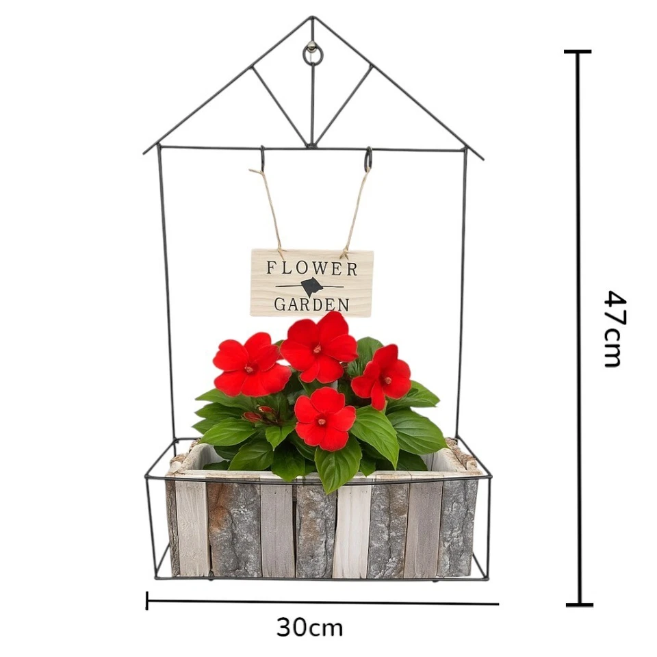 Rustic Wooden Wall Planter with Metal Frame & Sign – 30x47cm Flower Garden Decor - Image 2 of 4