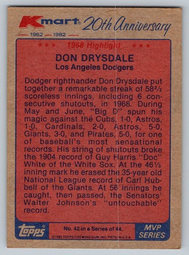 1982 Topps Kmart MVP Series - Don Drysdale #42 - Picture 2 of 2