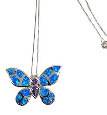 NEW STERLING SILVER 925 BLUE OPAL BUTTERFLY PENDANT PURPLE CRYSTALS NECKLACE-18"