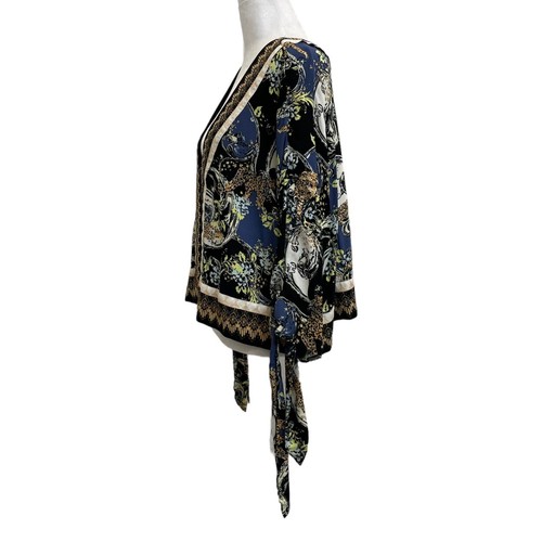 Free People Catch Me if You Can Blue Black Printed Button Front Boho Blouse sz M - Picture 2 of 11