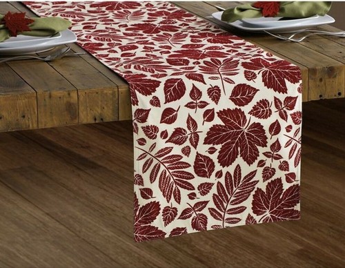 Aspen Leaves Velvet Flocked Table Runner 14x90" Burgundy Christmas Holiday - Picture 11 of 12