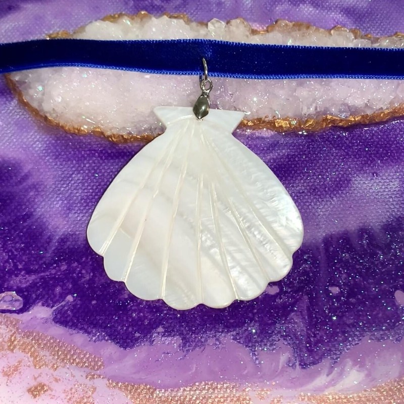 Hand Carved Natural Shell Blue Velvet Handmade Ocean Beach Sea Choker Necklace