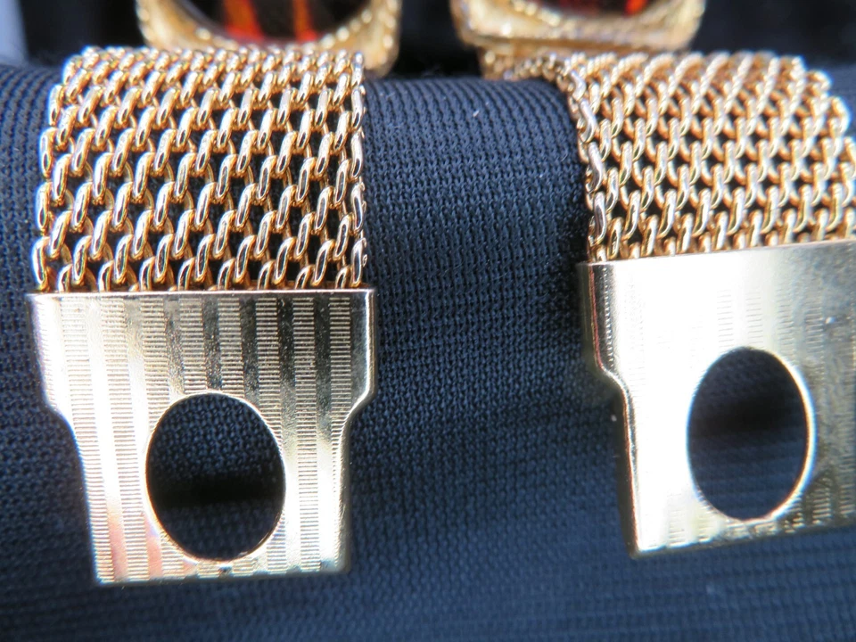 Gemelos envolventes de malla ovalada piedra ágata marrón dorado vintage espalda de bala Foto 3 de 4