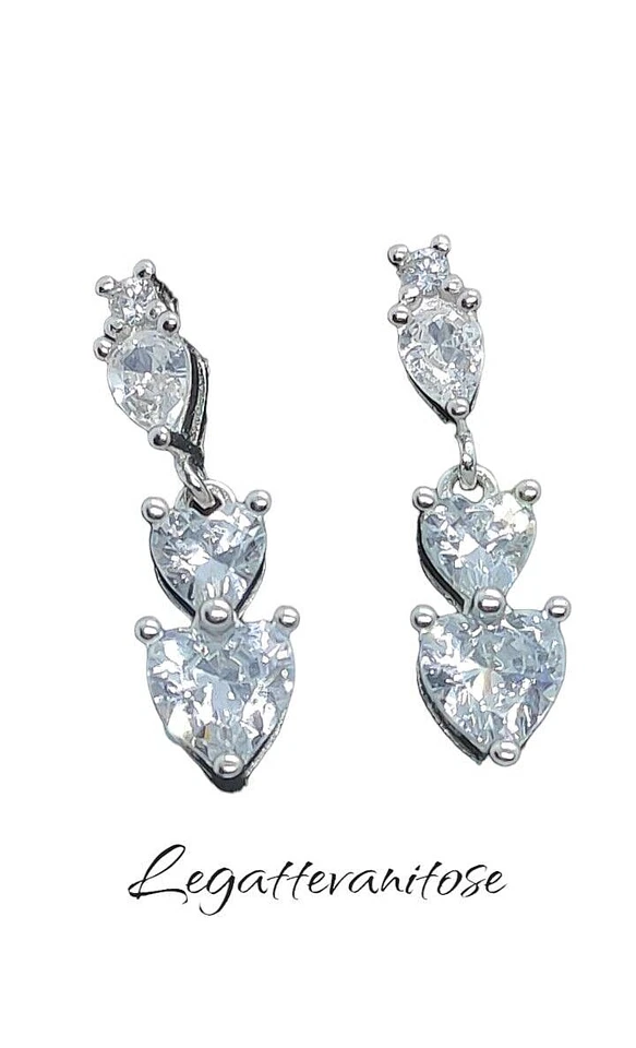 Orecchini Donna in argento 925 RODIATO. Orecchini CUORI PENDENTI cuori bianchi - Immagine 2 di 4