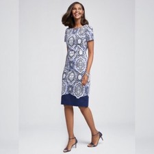Talbots Blue Medallion Sheath Dress Size 4 Cotton Stretch Lined Square Neck