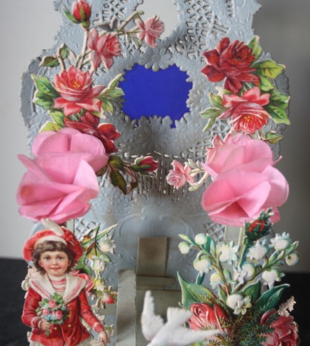 Posting card, backdrop card, oblate, child, roses, pigeons, love greeting - Picture 5 of 7