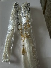 White Imitation Pearl Beaded Chain Necklace with Gold Tone Tassel Pendant