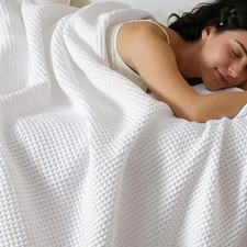 100 Percent Cotton Waffle Blanket Lightweight Breathable Queen Size White Bed...