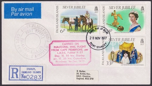 Falkland Islands 1977 QEII Jubilee Pembroke First Flight Regd First Day Cover