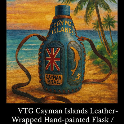 VTG Cayman Islands Leather-Wrapped Flask Canteen Hand-Paint 4 Unique Panels DAD