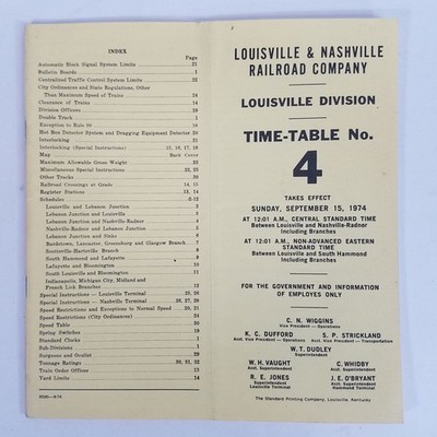 Louisville & Nashville Railroad Employee Time Table 4 1974 1970s Map IL IN KY