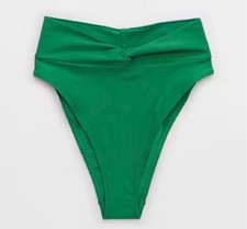 AERIE Twist High Cut Cheeky Bikini Bottoms Sz L Everglades Green Seamless Swim