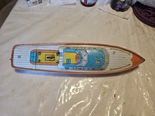 Vtg 1950s Peggy Jane Tin Wind Up Speed Boat  J Chein  Tested  Working  14.5"