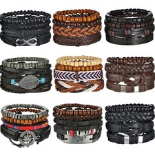 New Trendy Retro 4pcs/Set Bracelets Bangles Men's Multilayer Black Leather Jew