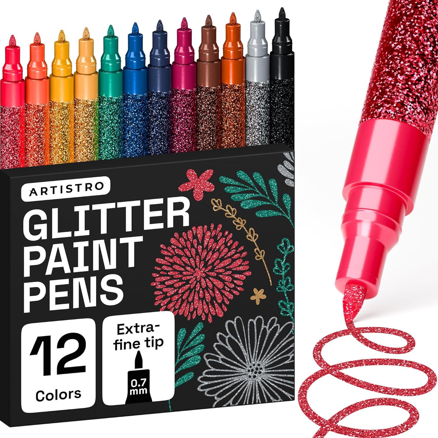 12 Glitter Paint Pens for Glass Marking, Rock Painting, Cera