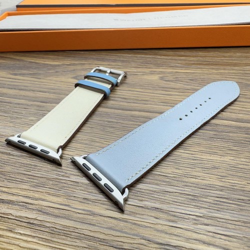 Bracelet Apple Watch Hermès en cuir bleu fonctionne blanc compatible 42-49 mm - Photo 6 sur 8