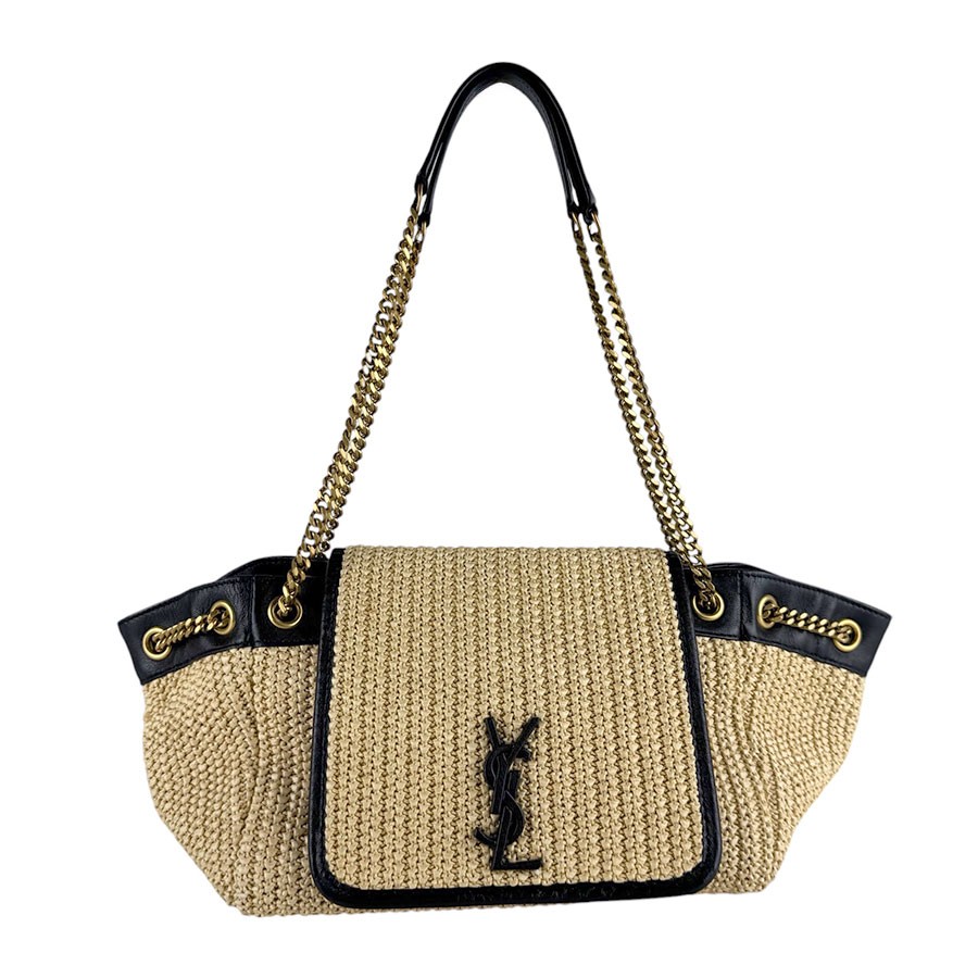 Auténtico bolso de hombro SAINT LAURENT natural/negro/dorado rafia/cuero/meta...