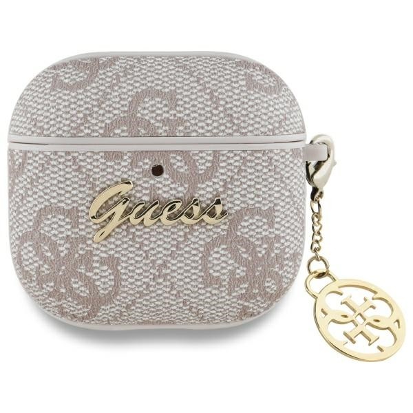 Case For AirPods 4 Guess Faux Leather Pink Logo Metal Chain Gold