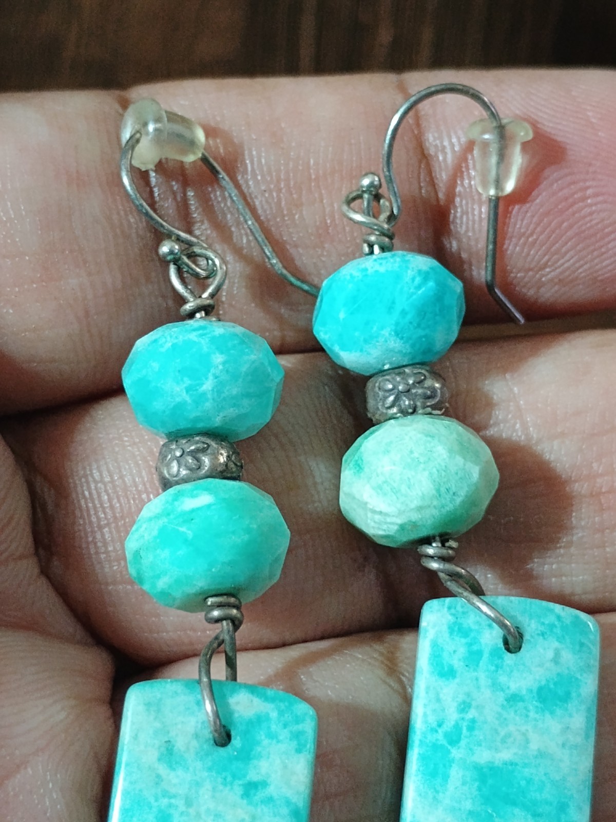 Amazonite Bead Sterling Silver Dangle Vintage Ear… - image 3