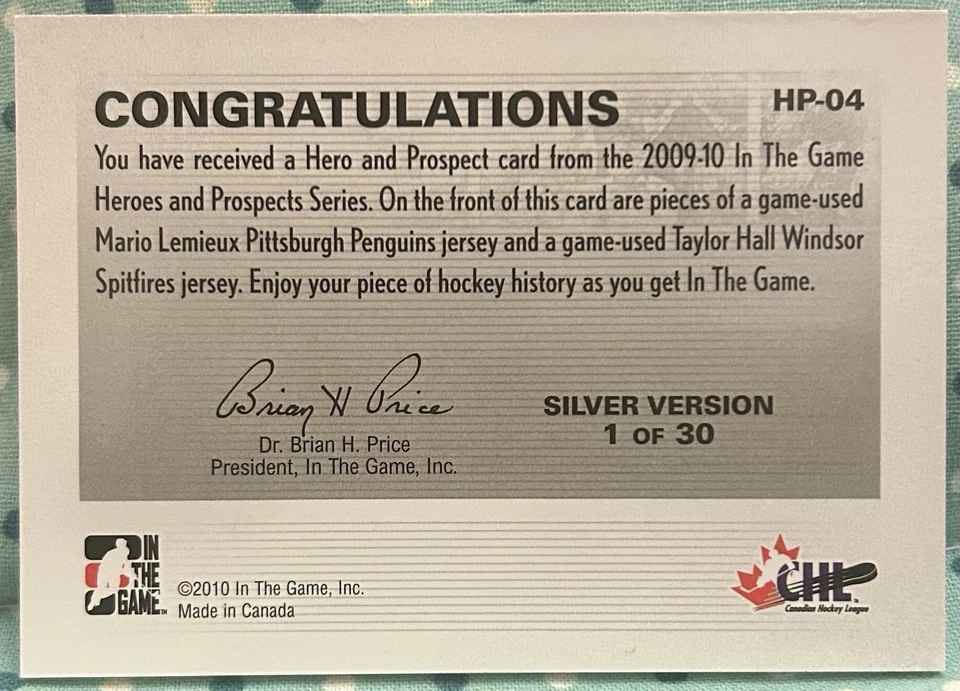 Camiseta deportiva Mario Lemieux Taylor Hall 2009-10 In The Game Heroes & Prospects reliquias Foto 2 de 2