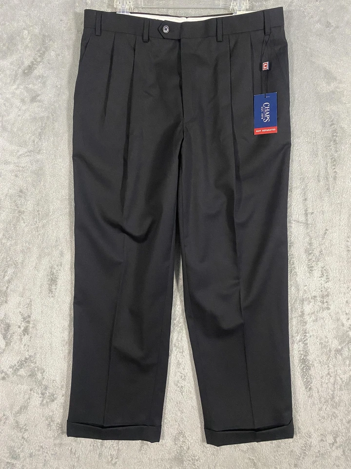 Nuevo con etiquetas Pantalones de vestir Chaps para hombre 36x29 negros de lana plisados con puños para eventos oficina comercial Foto 2 de 4