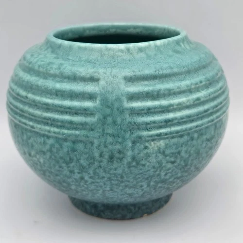 Vtg Roseville Tourmaline Vase Green Mottled Round Bulbous Ribbed Art Deco #238-5