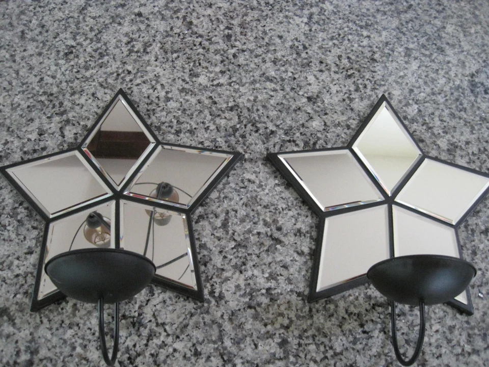 PAR DE APLIQUES DE PARED VELA PILAR PARTYLITE CON ESPEJO BISELADO NEGRO EN FORMA DE ESTRELLA Foto 3 de 4