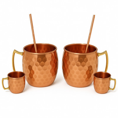 100% Copper Mule Mug Set   2 Mugs, 2 Mini Shot Glasses, 2 Straws, Brass Handles