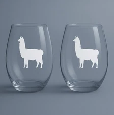 Llama Alpaca Etched Stemless Wine Glasses (Set of Two)