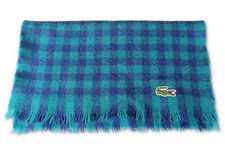 LACOSTE Chemice Lambswool Blue Green Check Tartan Vintage 125cm Scarf - FRANCE