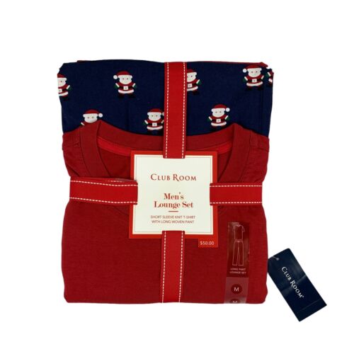 Club Room Mens 2-Piece Solid Top & Santa Bottom Pajamas Navy Red M - Picture 1 of 4