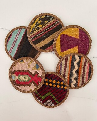 Kilim Fabric Coaster Set - 6 Cloth Coasters, Authentic Turkish Kilim, Unique