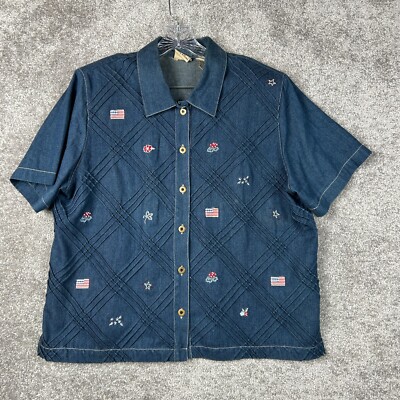 VTG Koret City Blues Shirt Women's 16W Blue Denim Floral Embroidered US Flag