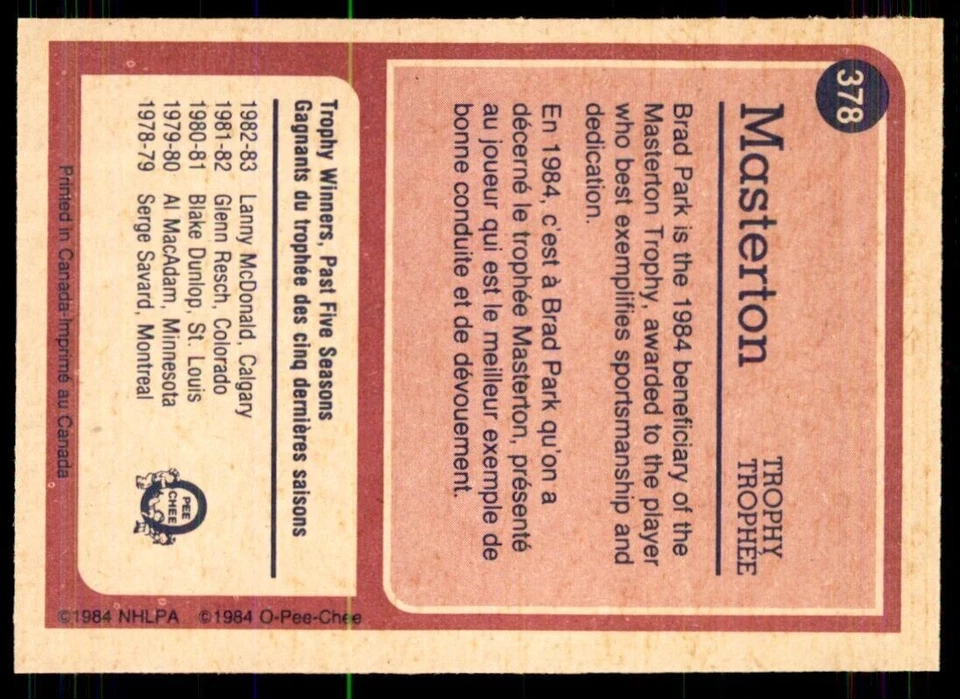 1984-85 O-Pee-Chee Brad Park HOF Detroit Red Wings #378 - Image 2 of 2