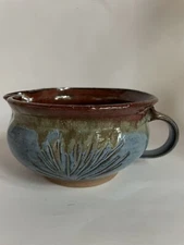 Stoneware Pottery Batter Bowl with Handle and Pour Spout Glazed Drip Dry Signed