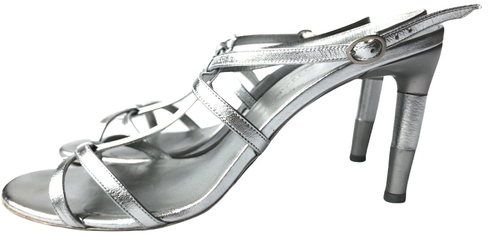 JORDAN Charles Jourdan Paris taglia 8 5 donna argento pelle metallizzata sera tacco con cinturino