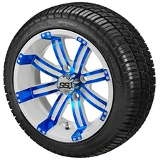 (4) Golf Cart 205/30-12 Deli Low Profile Tires on 12x7 White/Blue Tempest Wheels