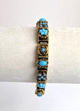 Vintage Victorian Revival Antique Gold Tone Faux Persian Turquoise Bracelet 7.5"