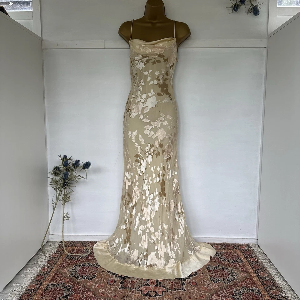 Monsoon Gold Cream Devore Bias Cut Silk 90’s/y2k Evening Gown Dress Prom Size 12 - Image 2 of 4