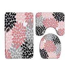 3 Pieces Bath Rugs Dahlia Pinnata Floral Black Gray Coral Pink Flower Pattern...