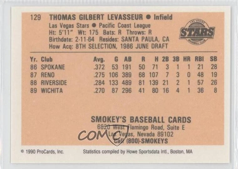 1990 ProCards Minor League Tom Levasseur #129 - Image 2 of 2
