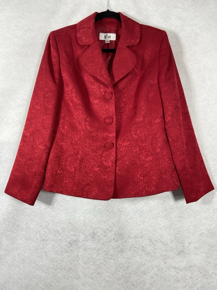 Le Suit 2PC Skirt Suit Womens 10 Red Blazer Buttons Long Sleeves Quilted Paisley - Image 3 of 4