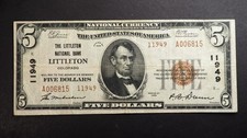 $5 1929 LITTLETON COLORADO Type 2 National Currency Bank Note - FREE SHIP S5703