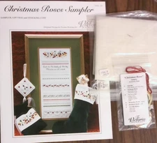 Christmas Roses Sampler cross stitch KIT Victoria + fabric & Accessory Pack
