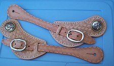 Leather Spur Straps - Brown basket weave Barrel Racer concho USA made