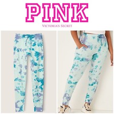 NWT Victoria  s Secret Pink Blue Tie Dye Cotton High Waist Joggers Large